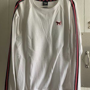 PINK women's small white crewneck with neon pink and black stripes on sleeves